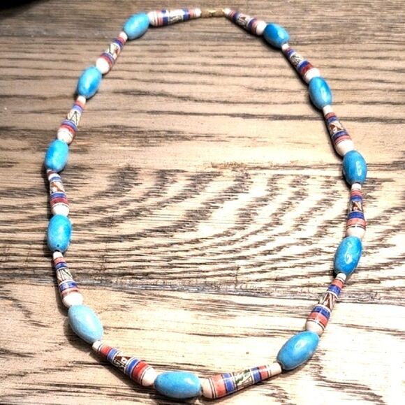 Elegant Blue and Southwestern Designed Ceramic Bead 23" Necklace - Picture 1 of 8